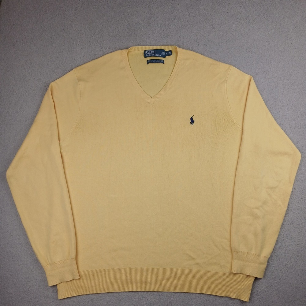 Polo Ralph Lauren V-Neck Sweater Mens XL Yellow Pima Cotton Pony Logo Pullover